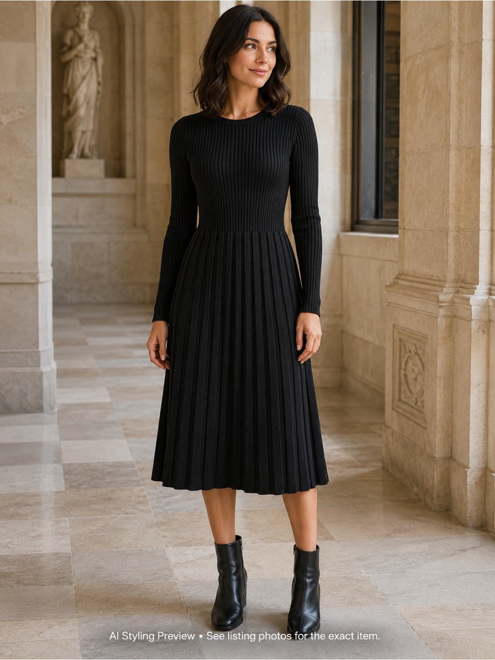 Classic black knit midi dress with a fitted ribbed bodice and sleeves flowing in